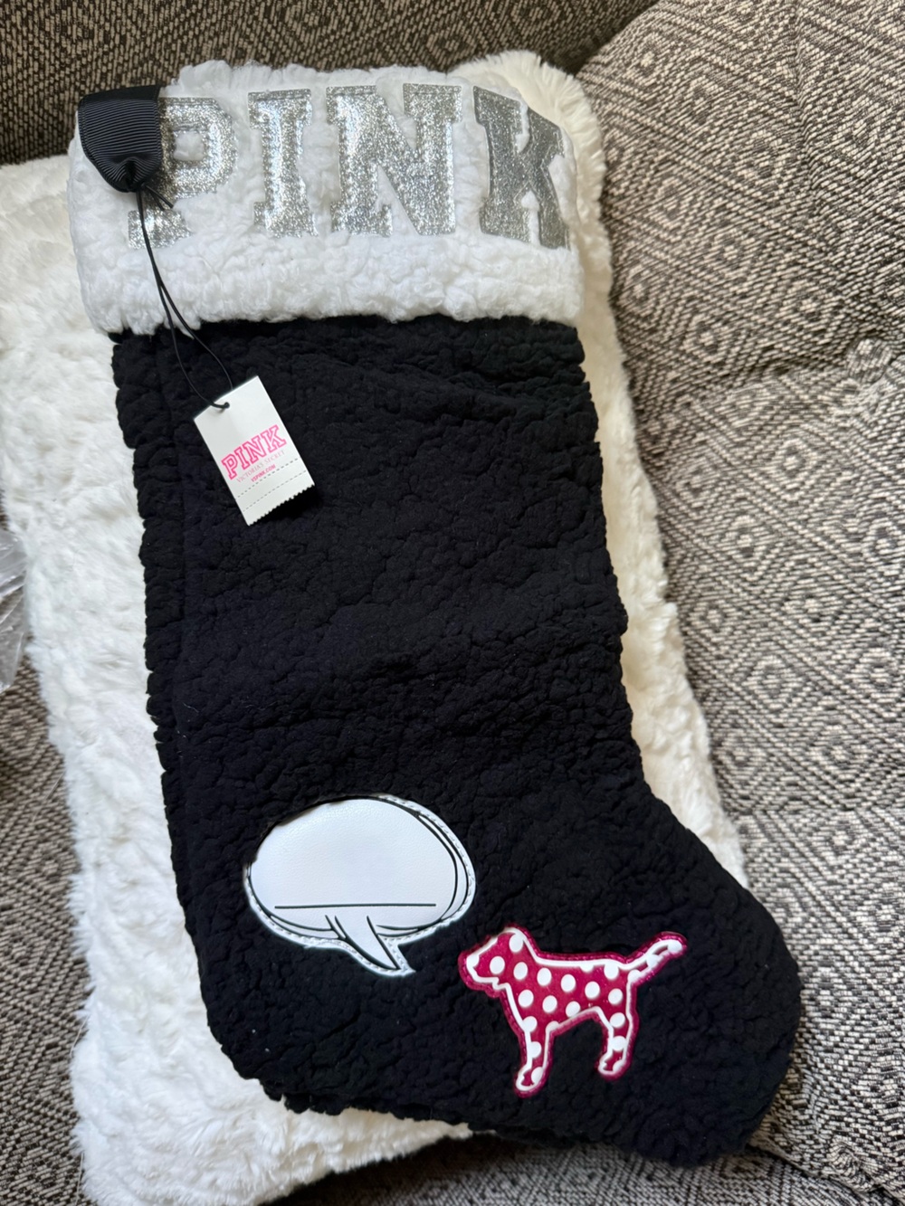Victoria's Secret Black and White Holiday Stocking with Pink Polka Dot Dog